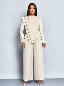 SOLERSUN 女士通勤垂坠领撞色黑色条纹亚麻不对称下摆衬衫和阔腿裤两件套 - 杏色 - 查看 3