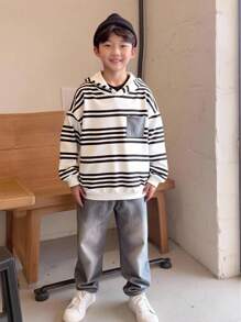 SHEIN 青少年男孩两件套撞色口袋条纹连帽衫和破洞印花休闲裤，适合居家、户外、学校穿着 - 黑與白 - 查看 7