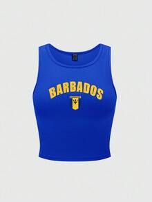 StreetHx 女士夏季背心，Y2K 巴巴多斯国旗世界杯白色上衣 - 藍色 - 查看 3