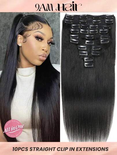 10Pcs Silk Straight Clip In Hair Extensions Natural Black Soft Hair Extension Clips Double Weft 100% Human Hair For Women HairPiece