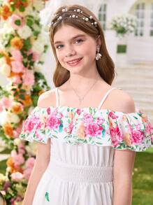1 件 Tween 女童露肩花卉荷叶边短款上衣和花卉连体裤，优雅海滩度假风格，春夏 - 彩色 - 查看 3