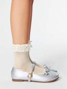 ROMWE Kawaii 女士白色玛丽珍鞋，包头，单带，蝴蝶结，蕾丝边，洛丽塔风格，甜美日式校服平底鞋 - 銀色 - 查看 4