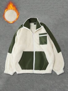 Claim Dot 男士时尚休闲针织拼接羊羔绒外套，拼接设计，舒适保暖面料，实用口袋，适合时尚日常休闲穿着、户外活动、休闲运动、节日礼物、男友礼物、秋冬季长袖上衣 - 米色 - 查看 5