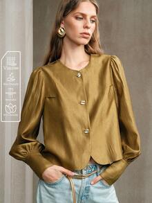 EMERY ROSE 女士优雅通勤纯色泡泡袖长袖衬衫 - 芥末黃 - 查看 3