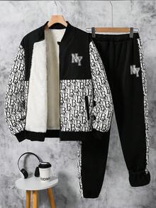 2pcs Teen Boys Teddy Fleece Printed Jacket & Black Japanese Style Sweatshirt Pants Set, Casual Sporty Outfit Suitable For School, Outdoor, Photography, Soft & Comfortable, Must-Have Teens Clothing Fall Winter - White - View 7