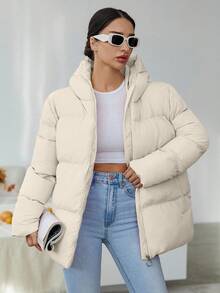 RueChic Của phụ nữ Xám Màu thuần áo có mũ Đệm Áo khoác - Màu be - Xem 1