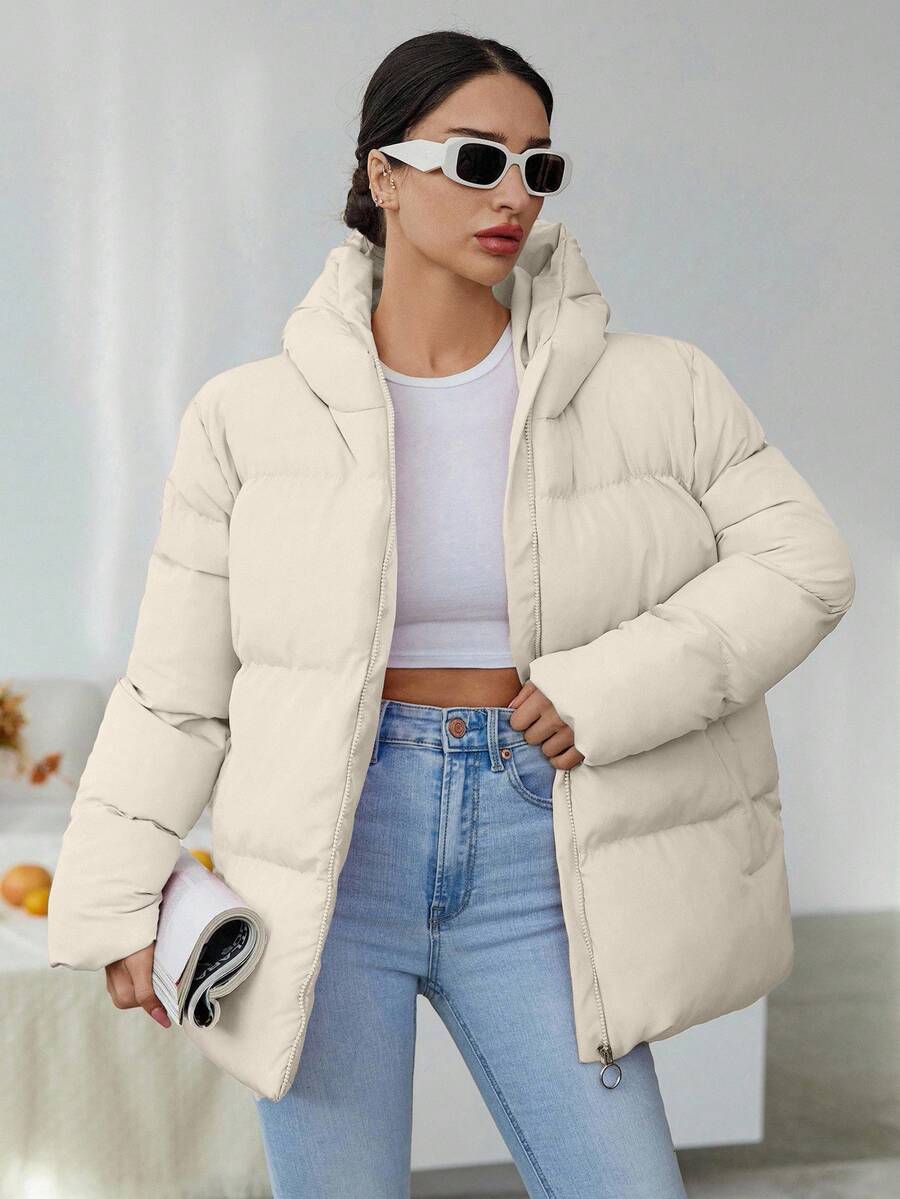 RueChic Của phụ nữ Xám Màu thuần áo có mũ Đệm Áo khoác - Màu be - Xem 1