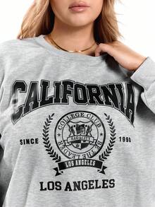 Solavibe Casual Minimalist Campus Style Back To School American Sports Graphic Loose Fit Round Neck Long Sleeve Sweatshirt For Plus Size Women - Light Grey - View 2