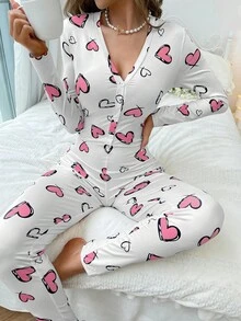 女士心形印花长袖睡衣连体裤可爱睡衣女士心形睡衣套装女士可爱睡衣女士心形睡衣粉色心形睡衣，秋季 - 粉色 - 查看 1