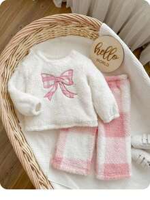 SHEIN 女婴可爱休闲毛绒蝴蝶结格子图案睡衣套装，秋冬 - 白色 - 查看 7