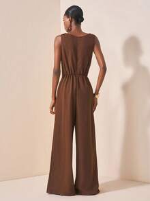 Zivah 2025 Autumn New Music Festival, Easter, St. Patrick's Day, Western, Nomadic, Birthday Party, Graduation, College Style, Student Wear, Daily Casual, All-Match Versatile, Leisure, Vacation, Cruise Travel, Beach, Sunbathing, Viral , Streetwear, Wedding Guest Boho, Commute, Brunch, Airport, Plunging Neckline Floral Metal Decor Sleeveless Brown Linen Textured Crinkle Fabric Wide Leg Jumpsuit