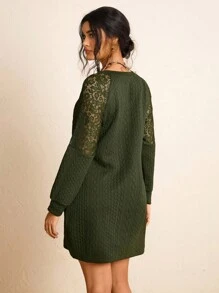 Freevana 大码女式纹理对比蕾丝插入长袖连衣裙女式毛衣连衣裙毛衣连衣裙橄榄色连衣裙绿色连衣裙秋季连衣裙女式冬装商务休闲女装女式秋装女式冬装女式办公室服装橄榄绿别致冬季商务 - 軍綠色 - 查看 10