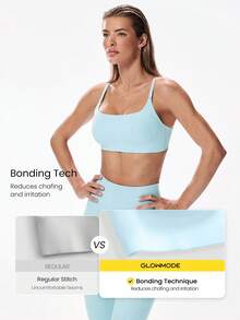 GLOWMODE Sujetador deportivo sin espalda con tecnología de ajuste en 4 direcciones, elástico y suave, con copas extraíbles, para yoga y uso diario - Azul Agua - Ver 6
