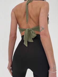 Aloruh Áo hai dây hở lưng cổ khoét sâu họa tiết kim loại trơn màu dành cho nữ - xanh quân đội - Xem 2