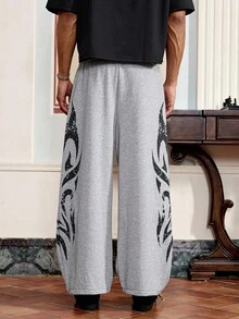 Manfinity VCAY Men's Grey Knit Printed Casual Sweatpants, New Fashionable Design, Emo, 2000s Style - Grey - View 5