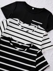 Lowkey Lull 3 件套条纹休闲短袖上衣和短裤女式睡衣套装 - 黑與白 - 查看 3