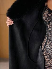 MOTF PREMIUM ABRIGO LARGO DE LANA CON CUELLO DE PELO SINTÉTICO CONTRASTANTE, OTOÑO/INVIERNO - Negro - Ver 8
