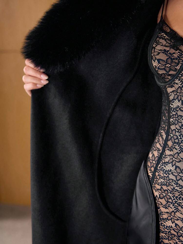 WOOL CONTRAST FAUX FUR COLLAR LONG COAT, AUTUMN/WINTER