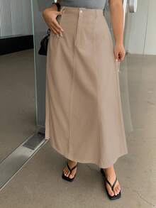 Dazy Plus Plus Size A-Line Loose Long Denim White Skirt Fall/Winter - Khaki - View 4