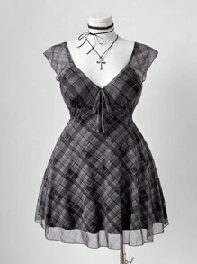 Sunspun Sukienka w kratę z nadrukiem i kwadratowym dekoltem i rękawami typu cap, letnia