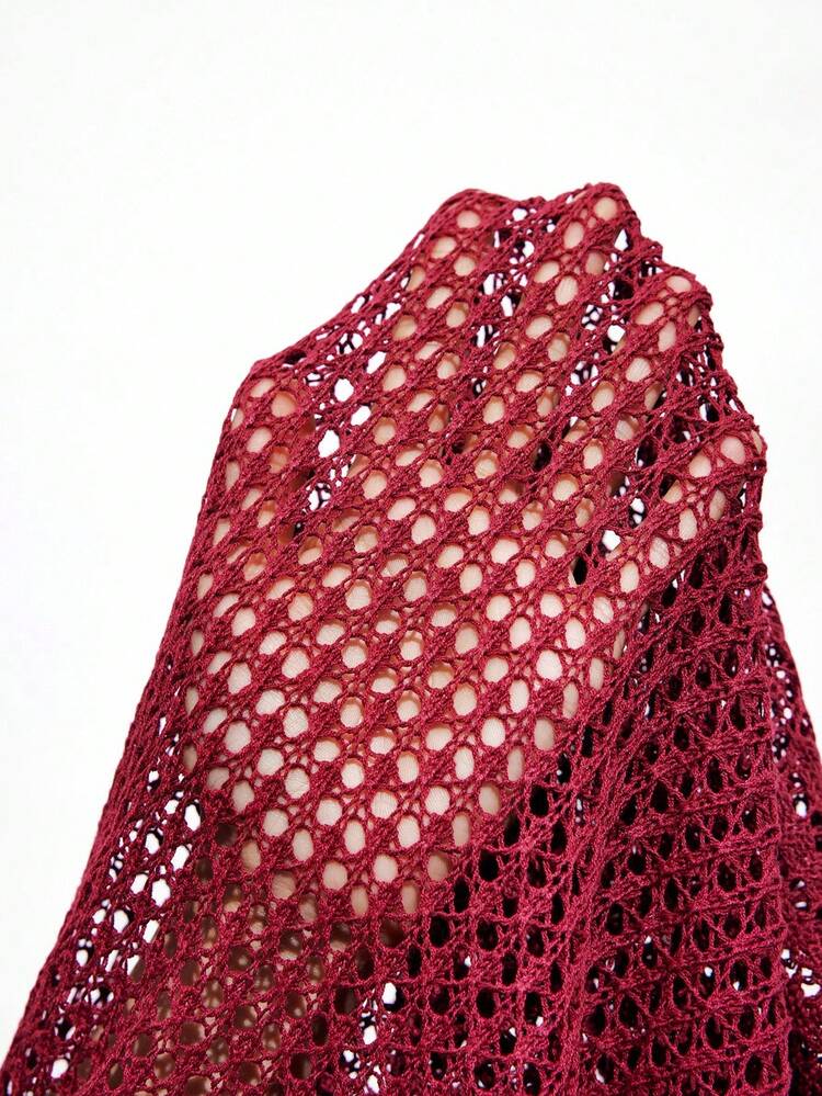 SHEIN Maija Vestido de suéter de manga larga 3/4 con cuello redondo, holgado y de tejido texturizado semitransparente para mujer. Diseño versátil para uso casual, bohemio y en festivales de música country, con puños fruncidos.