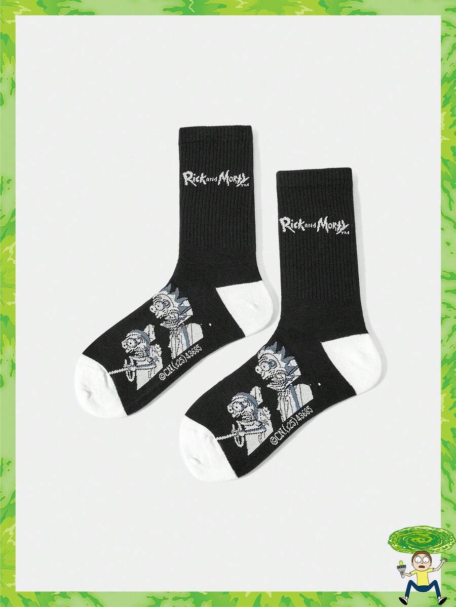 Rick and Morty X SHEIN 1 Pair Cartoon Figure Pattern Colorblock Crew Socks - Black and White - View 1