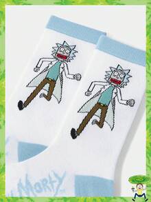 Rick and Morty X SHEIN 1 par de calcetines de media pantorrilla para mujer con diseño de personaje de dibujos animados y letras en colores contrastantes - Blanco - Ver 2