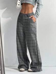 StreetHx 1 件女士休闲、日常、户外、通勤格子低腰宽松裤，休闲、简约、复古风格