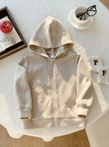 SHEIN 1pc Young Boys' Casual College Style Textured Fabric Zip Up Jacket, Suitable For Autumn And Winter School Fall - Apricot - View 4