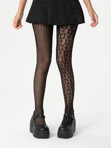 ROMWE Grunge Punk 1 par de calcetines de red con diseño de corazón y póker, dulce y fresco - Negro - Ver 1