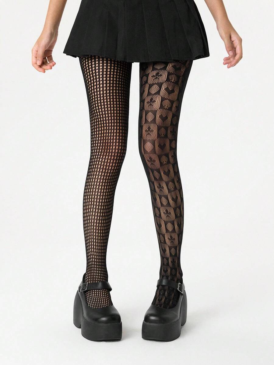 ROMWE Grunge Punk 1 par de calcetines de red con diseño de corazón y póker, dulce y fresco - Negro - Ver 1