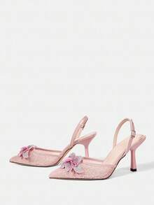 CUCCOO HITCHD 女士优雅花卉水晶装饰尖头高跟鞋，浅粉色网眼蕾丝新娘婚礼宾客派对高跟鞋，适合婚礼、派对、万圣节、圣诞节、感恩节、生日、情人节