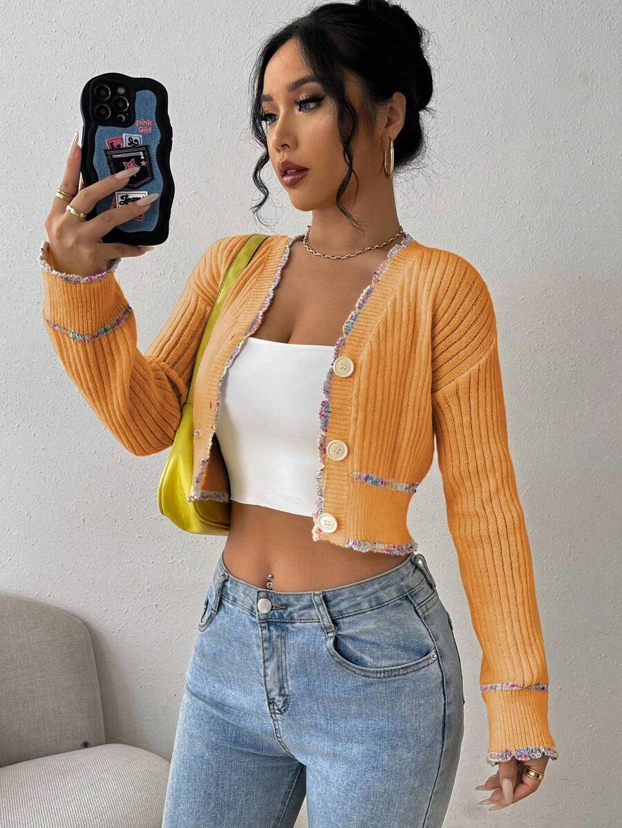 Chiquease Cardigan Pendek Elegan dengan Trim Warna Kontras untuk Wanita, Cocok untuk Musim Gugur dan Musim Dingin. - Kuning - View 1