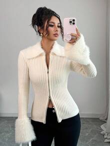 Franclia 女士优雅通勤法式休闲时尚人造毛领袖口前拉链开衫 - 杏色 - 查看 6