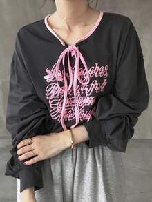 FRIFUL 女士圆领蝴蝶结撞色宽松前印花休闲长袖T恤，秋季/春季 - 黑色 - 查看 4