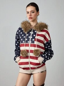 ROMWE Avant Y2K 街头时尚美国国旗连帽宽松运动衫 女士运动衫 - 杏色 - 查看 5