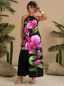 Travachic Plus Size Floral Print Halter Neck Casual Vacation Dress - Black - View 4