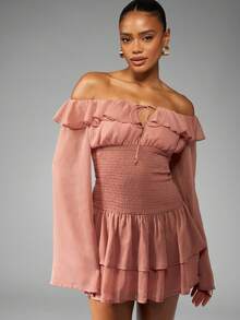 MISSGUIDED Off Shoulder Ruffle Mini Dress With Bell Sleeves Smocked Waist Evening Party Wedding Guest Spring Summer - Camel - View 1