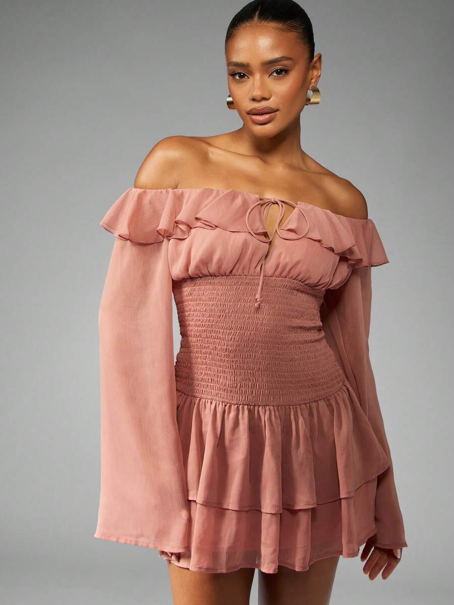 MISSGUIDED Off Shoulder Ruffle Mini Dress With Bell Sleeves Smocked Waist Evening Party Wedding Guest Spring Summer - Camel - View 1