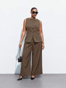 Maija Conjunto de 2 piezas de talla grande: blazer minimalista y pantalón de pierna ancha. Traje de pantalón de talla grande. Conjunto de ropa de lino de talla grande. Pantalón de pierna ancha de talla grande. Chaleco sin mangas de talla grande para otoño/invierno