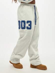 SUMWON WOMEN Pantalon de jogging ample avec numéros de varsité d'université, jambes larges, coupe ample, chaud pour l'hiver, ample et confortable, mode streetwear, graphiques numéro 003