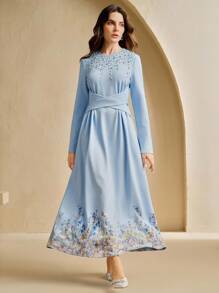 Anewsta Women's Elegant Round Neck Long Sleeve Printed Dress, Minimalist Design - Baby Blue - View 6