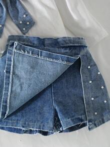 Girls' Casual Fashion Daily Street Crew Neck Long Sleeve Bow & Pearl Design T-Shirt With High Waist Short Denim Skort, Back To School Outfit, All Season Fall Winter