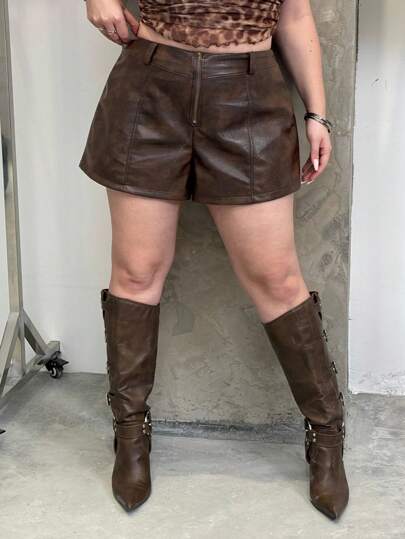 GalTyme Plus Size Women Zipper Front PU Leather Loose Fashion Shorts,Fall,Winter,Party,Night Out
