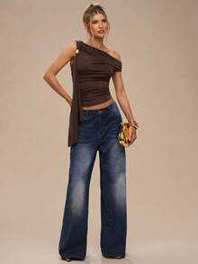 SHEIN BAE 纯色不对称肩部金属扣系带修身女式上衣，适合日常穿着、约会、郊游、聚会、派对，优雅的女士分层单品，适合鸡尾酒会、浪漫约会、秋冬针织汗衫 - 棕色 - 查看 7