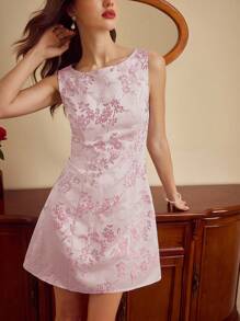 Vintamour 复古优雅女士短款连衣裙，春夏修身提花连衣裙，蓝色无袖直筒连衣裙 - 淺粉色 - 查看 6