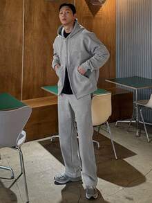 DAZY 男士秋季贴花刺绣设计灰色拉链连帽衫套装