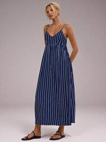 Avantive Vestido largo y suelto con cuello halter a rayas azul marino, vestidos de otoño para mujer, casual de negocios, vestido con hombros descubiertos para conciertos, atuendos para brunch, vestidos casuales para vacaciones en la playa, atuendos de cumpleaños, ropa escolar, vestido de regreso a casa estilo occidental de los años 2000, ropa bohemia para salir