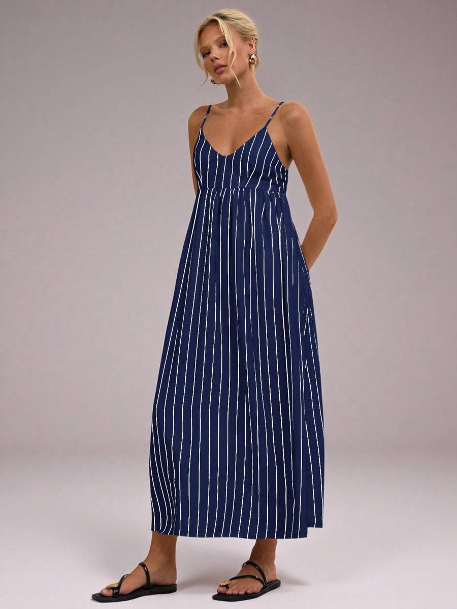 Avantive Vestido largo y suelto con cuello halter a rayas azul marino, vestidos de otoño para mujer, casual de negocios, vestido con hombros descubiertos para conciertos, atuendos para brunch, vestidos casuales para vacaciones en la playa, atuendos de cumpleaños, ropa escolar, vestido de regreso a casa estilo occidental de los años 2000, ropa bohemia para salir