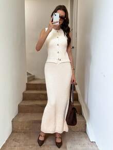 Easowa Fall Clothes For Women  2pcs Autumn/Winter Vest Waistcoat And Tight Long Skirt Sweater Set Two Pieces Skirt Set Women 2 Pieces Skirt Sets Women Vest And Skirt Set Cream Outfit Women Women Two Pieces Set Fall Women Clothes Teacher Outfits For Women Business Casual Woman Fall Women Sweaters Women Sets Two Pieces Fall Sets Winter Clothes For Women Women's Winter Sweater Winter Set  Christmas Women's Clothing Saudi National Day  Chic - Beige - View 5